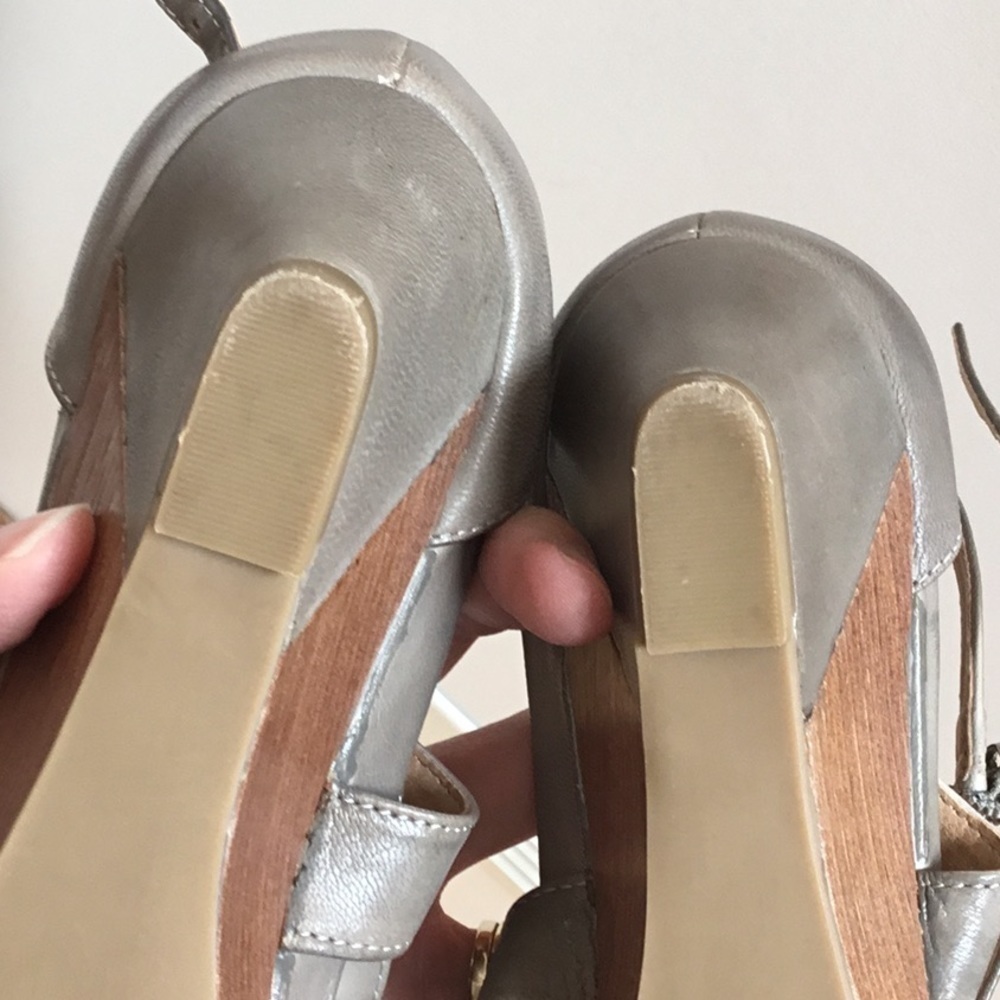BIALA Peep Toe Wedge Leather Tan Gray Ankle Wrap Strap Shoes Size 39 - Picture 13 of 16